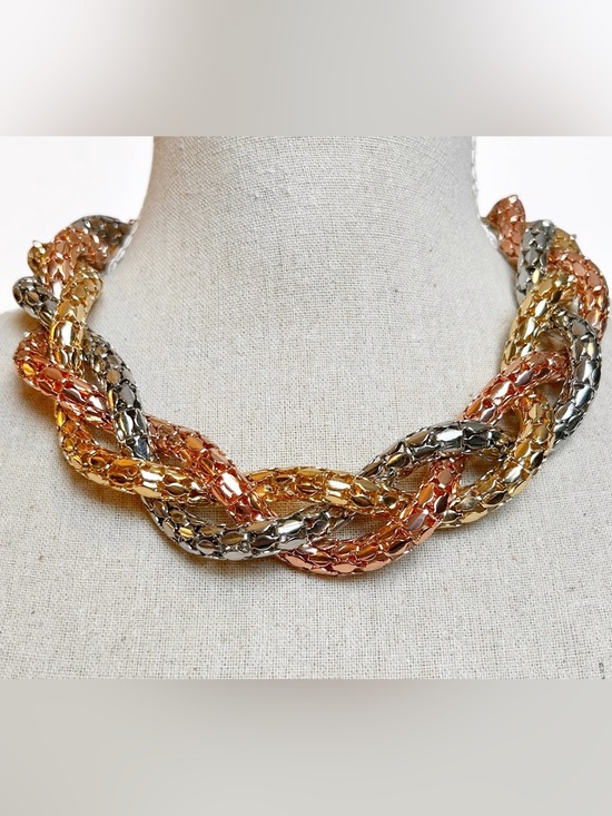 Vintage Jewelry - Vintage tri-tone braided metal mesh collar necklace, Germany Statement RARE